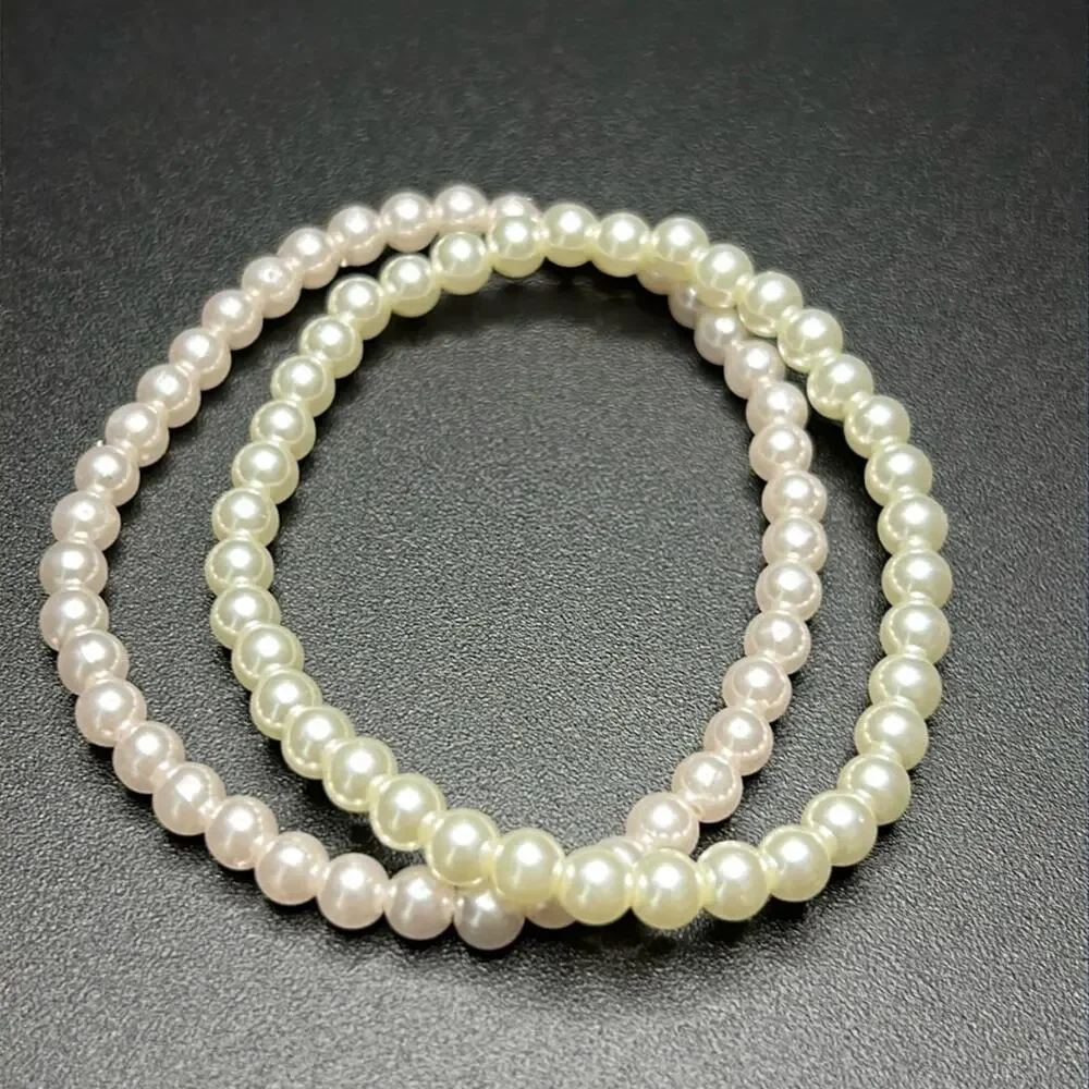 Women’s vintage dainty‎ set of 2 white/pink faux pearl beaded bracelets one size